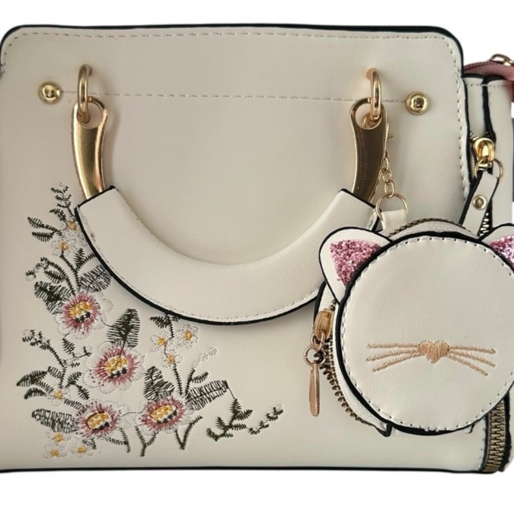 Cream Floral Embroidered Structured Satchel Crossbody Bag Cat Coin Purse Charm - Picture 15 of 15